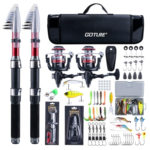 Goture Angelset mit 2 Teleskop-Angelruten, 1,8m Angelrute Set Komplett 2 5.2:1 Spinnrolle, Angelzange, Köderbox & Tragetasche – für Salz-/Süßwasser, Reisen–Angelgeschenk