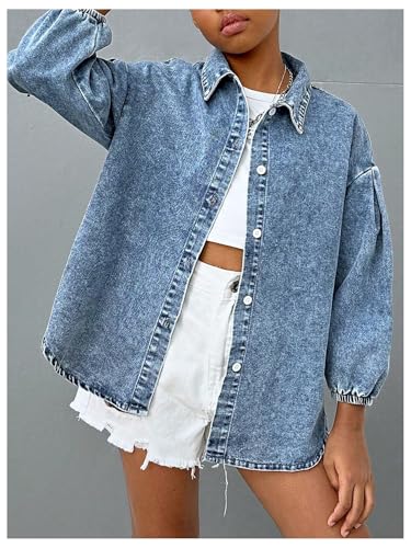 MakeMeChic Girl's Denim Jacket Button Down Collared Long Sleeve Y2k Jean Outerwear2