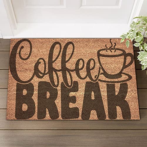 Image of UanMere Coir Doormat with Heavy Duty Backing Coffee Break Outside Doormat 24x36in Coffee Shop Bar Home Kitchen Natural Doormat for Porch Patio Front Door Entrance Apartment Housewarming Farmhouse