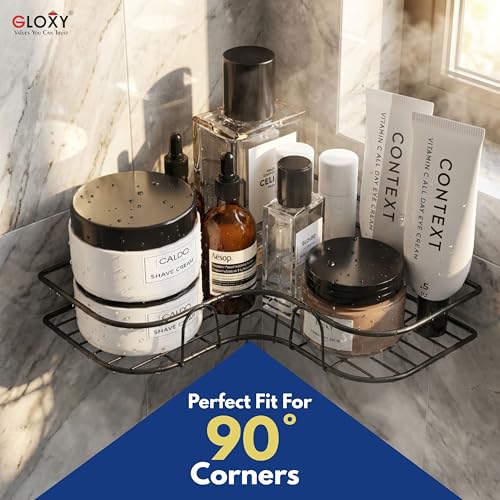 Image of GLOXY Premium Combo Pack of 3 Black Metal Bathroom Corner Rack Shelves - Rust Resistant Self Adhesive Mount Bathroom Accessories Storage Rack - Multipurpose No Drill Shower Caddy Organizer