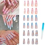 3 Packs (72pcs) Press on Nails Extra Long Fake Nail Glossy False Nails with Designs Summer Beach Nails Art Tips Sets Full Cover for Press ons Finger Manicure for Women and Girls (S1-Blue and Pink Long Coffin)