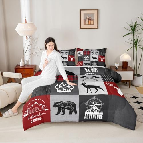 Image of Deer Antler Bear Kids Comforter Set Twin Size,Plaids Boho Arrows Patchwork Bedding Set for Boys Girls Adults Room Decor,Rustic Adventure Camper Down Comforter,Red Xmas Duvet Insert,1 Pillowcase