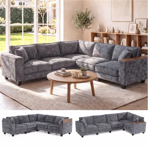 Image of 97 inch 5 Seat V-Shaped Sectional Couch, Modern Comfy Chenille Corner Sofa, Modular Convertible L-Shaped Couch, Convertible Sofa with Storage Armrests & 2 Pillows, Sectional Couches for Living Room, Grey