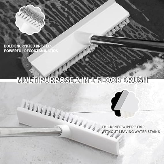 Image of Plastic 2 in 1 Bathroom Cleaning Brush with Wiper, Tile Cleaner Brush, Long Handle, White