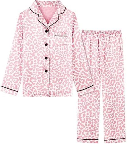 Schbbbta Girls & Women Pajamas Set, 2 Piece Satin Silky Pjs Button-Down Kids Sleepwear, 3 Years - XX-Large - Image 3