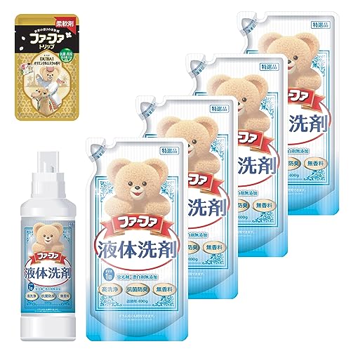 ファーファ 洗濯用 液体 洗剤 香り ひきたつ 無香料 本体 (500g) 1個 + 詰替 (400g) 4個 セット 柔軟剤 トリップ ドバイ オリエンタル ムスク の香り ワンパック (40ml) 付き