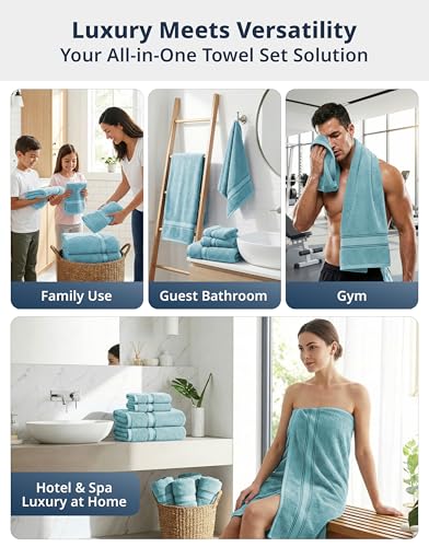 Image of Lane Linen Luxury 18-Piece Solid Cotton Bathroom Towel Set - 6 Bath Towels, 6 Hand Towels, 6 Wash Cloths - Blue