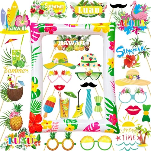 LMSHOWOWO 29 Piezas Aloha Hawaiana Photo Booth Props, Selfie Marco de Fotos Inflable de Hawaiana, Hawaii Foto Props, Accesorios para Photocall Temática Tropical, para Verano Luau Party Decoración