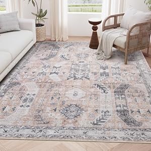 befbee 5×7 Area Rugs for Living Room,Stain Resistant Washable Rug,Non-Slip Backing Rugs for Bedroom,Kitchen,Printed Vintage Home Decor Rug (Peach/Grey, 5’x7′)