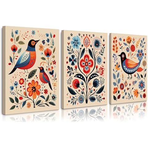 Scandinavian Folk Wall Art Nodic Flower Canvas Wall Decor Norwegian Wall Art Poster Swedish Antique Wall Decor Pictures Floral Bird Prints Vintage Poster for Home Kitchen 16x24x3 Inch Ready to Hang Cover