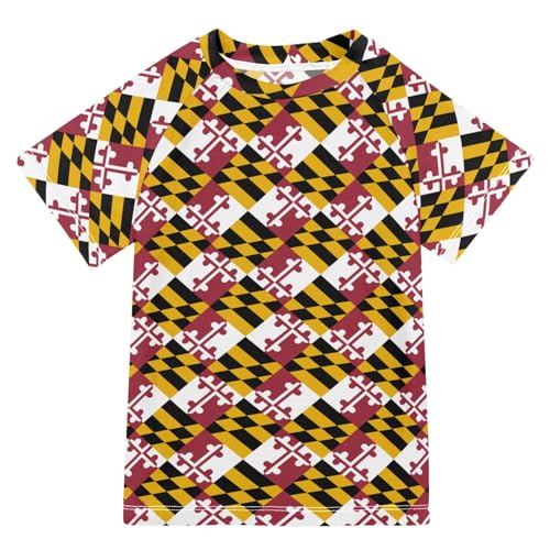 Aflyko Patriot Boys' Swim Shirt Maryland Flag Pattern Rash Guard Beachwear Sun Protection Fishing Hiking Camping Surfing Swimming Toddler Infant Summer Daily T-Shirt, 4T Multicoloured
