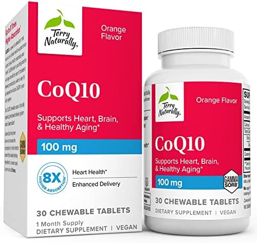 Terry Naturally CoQ10 Chewables, 100 mg – 30 Easy Chew Tablets – 8X Higher Absorbing CoQ10 – Powerful Antioxidant – Cellular Energy, Healthy Aging, Brain, & Heart Health – 30 Servings