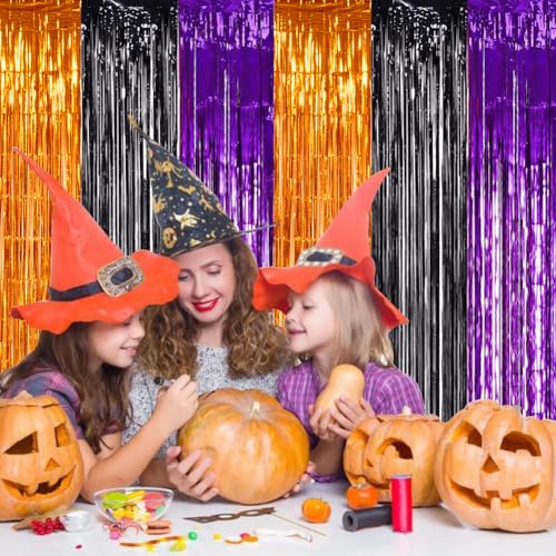 Image of TONIFUL 2Pcs Orange Purple Black Metallic Tinsel Foil Fringe Curtains,3.28ft x 6.56ft Halloween Photo Booth Backdrop Streamer,Photo Props,for Party Door Wall Curtains Wedding Birthday(6.6ft x 6.6ft)