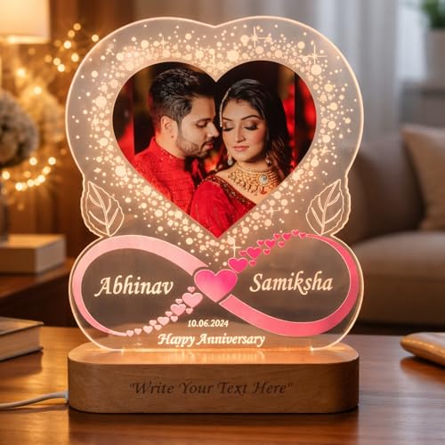 Image of Acrylic 3D LED Photo Lamp, Personalized Heart Shape, Digital UV Printed Photo, for Couples, Wife, Husband, Parents, Customized Photo, Name and Date,Multicolor 28CM