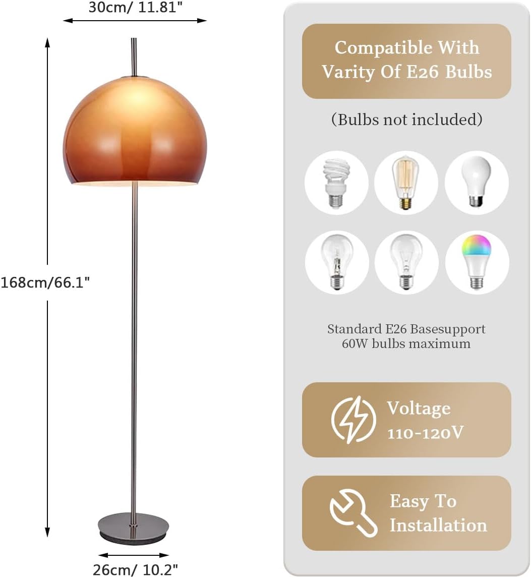 Mushroom Floor Lamp Glass Tall Standing Lamp Mid Century Modern Living Room Chrome Floor lamp with Orange Dome Glass Shade Home Decor