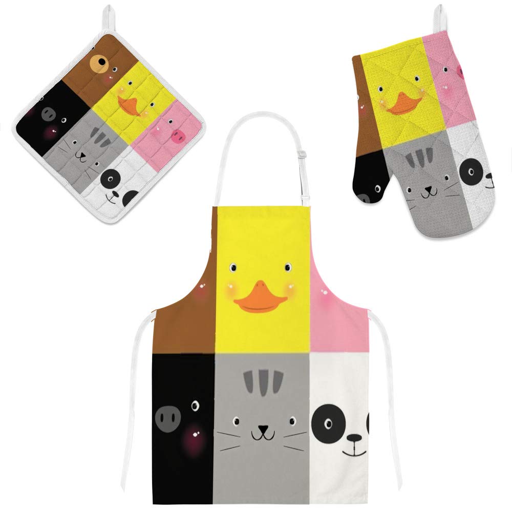 Tablier de cuisine 3 pièces avec maniques et gants motif animaux amusants