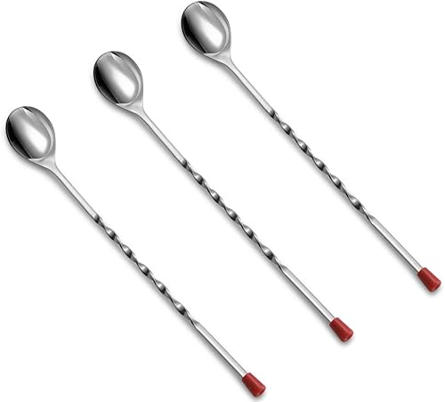Juego de 3 cucharas de barra de acero inoxidable de 11 pulgadas con perilla roja, cuchara mezcladora trenzada de mango largo