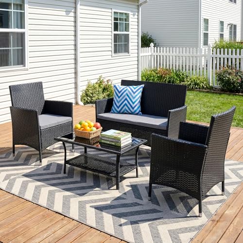 Image of OUTLIVING Outdoor 4 Seater Sofa Set || Patio Furniture Sets || Balcony Sofa || Indoor Sofa || Wicker Rattan Garden Sofa Set with Cushion and Center Table (Black /Grey)