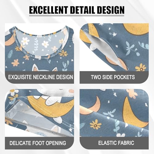 ALAZA Lovely Cat Moon Flower Pajamas Set Short Sleeve Cotton Sleepwear Summer Pjs 2 Piece 5-14Y4