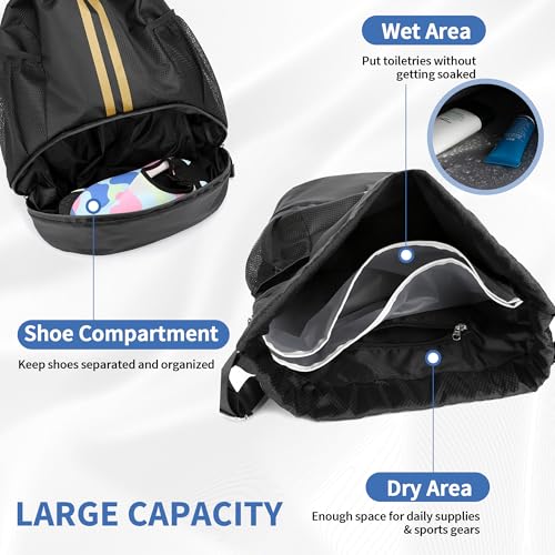 Image of JELUTAR Drawstring Backpack Gym Bag with Shoes Pocket, Black Gold | Water-Resistant String Backpack for Soccer, Basketball, Swim, Beach Cinch for Women Men, 18 L Large Capacity, Wet Pocket