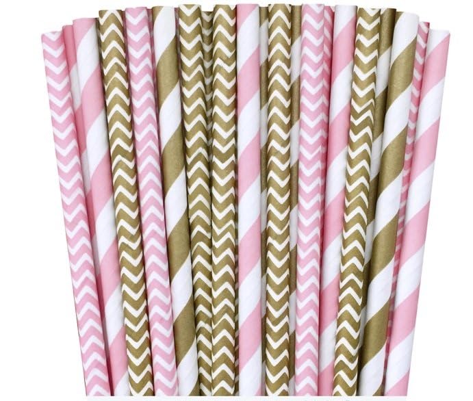 Gold and Pink Stripe and Chevron Paper Straws 7.75 Inches 100 Pack Gold, Pink, White