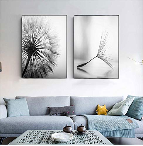 Tableau pissenlit noir et blanc 50x70 cm | Lot de 2 affiches abstraites sans cadre pour salon