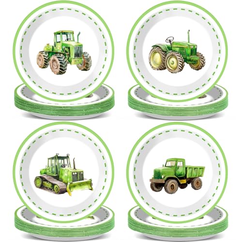 48 Pcs Tractors Birthday Party Decorations Green Tractor Plates 4 Styles Paper Plate Green Tractor Tableware Set Tractors Party Disposable Plates for Holiday Birthday Baby Shower Decors Supplies