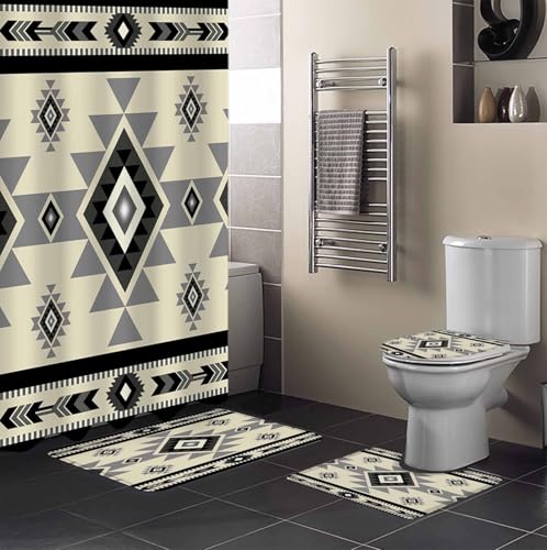 Brown Aztecs Bathroom Set with Shower Curtain and Rug Accessories - 66x72 Inches Long Southwestern Stripe Native American Boho Bathtub Curtain Waterproof with Large Bath Mat,Washable Runner Rug Set