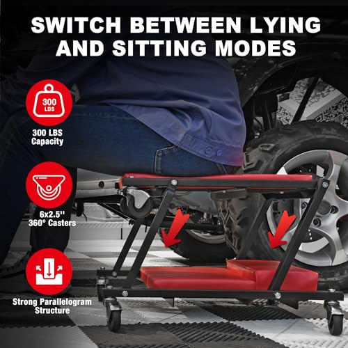 Image of Big RED 36 inch Rolling Foldable Automotive Creeper， Car Creeper, 2-in-1 Garage Shop Creeper for Auto Repair, 300 Lbs Capacity, Red，TAM6505RR Torin