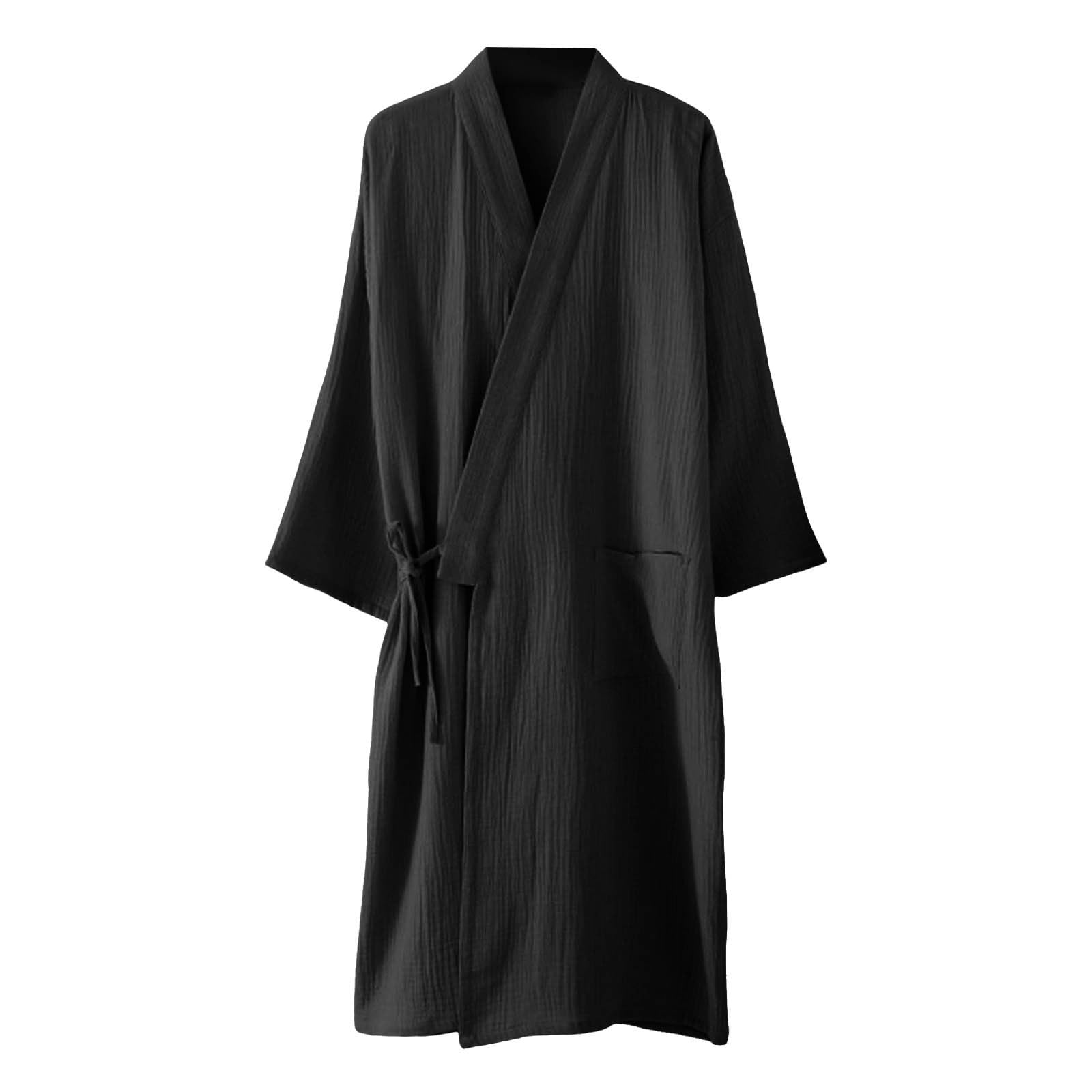 Men's Pajamas, Nightgown, Open Front, Comfortable, Sweat Absorbent, Bathrobe, Lightweight, Japanese Style, Room Wear, Cotton, Loose, Comfortable, Yukata, Basic, Large Size, Sleepwear, Plain, Simple, XL Black