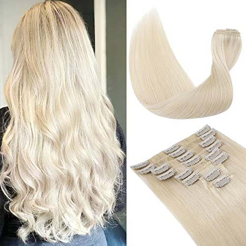 TESS Clip in Hair Extensions Real Human Hair Blonde Remy Seamless 8 Pieces Straight Short for Women/Girls (#60 Platinum Blonde