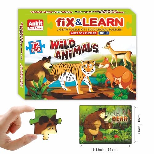 Image of Ankit Toys & Games Fix 'n' Learn Wild Animals Jigsaw Puzzle for Kids | Educational & Learning Toy for Kids Age 3 and Above | Boost Memory Skills | 72 Pieces Transport Puzzles (Set of 4 Puzzles in Box)
