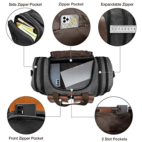 Image of Wildroad 60L Travel Duffel Bag, Expandable Canvas Genuine Leather Duffle Bag Upgraded Overnight Weekender Bag Carry on Bag