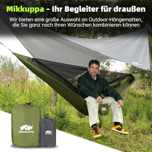MIKKUPPA Hamak outdoorowy z moskitierą 350 kg, ultralekki, wykonany z nylonu spadochronowego, w zestawie pasy na drzewo, akcesoria na kemping, podróż, wędrówki, do ogrodu