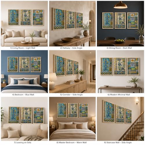 Image of Livin'luxe Set of 3 Blue Yellow Floral Tile Wall Paintings for Living Room Dining Bedroom Home Decor with Premium Wooden Color Synthetic Frame (25.5 x 19.5 Inch) NM03-70