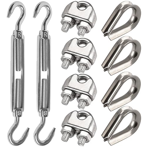 Leaum 10 Stück Spannschloss M8 Drahtspanner Set, mit Edelstahl Spannschloss M8, Drahtseilklemme 8mm Edelstahl und Drahtseil Kauschen 8mm für Gespannte Seil zu Verschärfen