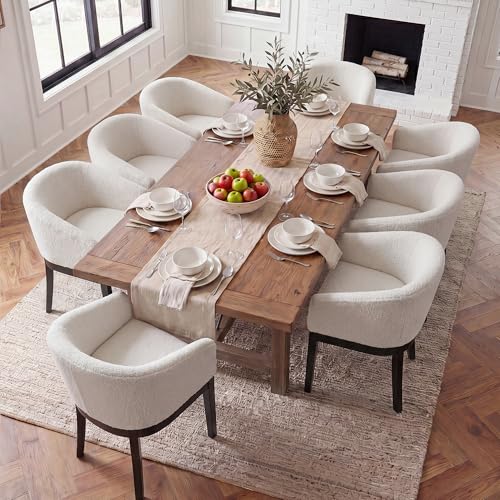 Image of HNY Barrel Dining Chairs Set of 8, Mid Century Modern Upholstered Dining Chairs with Arms, Sherpa Boucle Kitchen & Dining Room Chairs, Solid Wood Frame Accent Chairs for Kitchen, Apartment, White