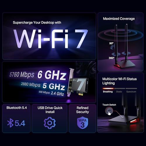 TP-Link Archer TBE550E WLAN-Karte für PC, Tri-Band BE9300 Wi-Fi 7 Bluetooth 5.4 PCIe Adapter, WPA3, mehrfarbige Status-LED… – Ansicht 4
