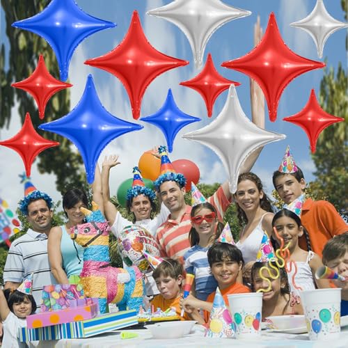 Image of Red Blue Silver Star Balloons,12Pcs Four Angle Star Foil Balloons