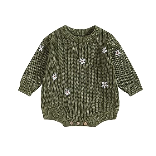 Image of Qiylii Infant Baby Girl Flower Knit Sweater Romper Crewneck Long Sleeve Pullover Sweatshirt Onesie Fall Winter Clothes