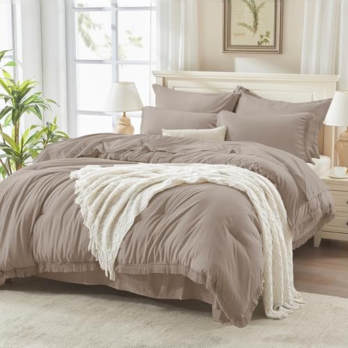 Image of Andency King Size Comforter Set with Sheets Khaki - 7 Pieces Bed in a Bag Boho Soft Lightweight Bedding Sets, Tassel Bed Set with Comforter, Sheets, Pillowcases & Shams