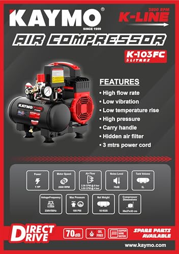 Image of Kaymo K-103FC Air Compressor | 1.2 HP, 3L Oil-Free | 2800 RPM High-Speed Copper Motor | Compact, Low Noise & Portable | Ideal for Pneumatic Tools, Upholstery & DIY Applications
