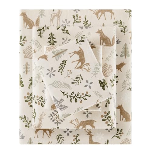 Sleep Philosophy True North 100% Cotton Flannel Sheets Twin Size, Cozy Flannel Sheet Set Brushed for Extra Softness, Heavyweight Novelty Print Warm Flannel Bedding Set, Tan Woodland Winter 3 Piece