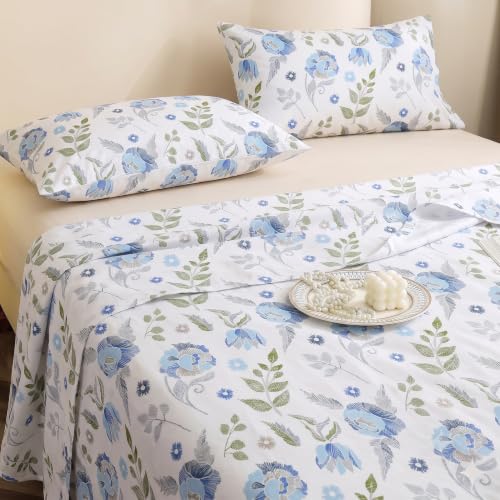Image of IVAZA 240 TC Soft Ezyption Cotton Floral Print King Size Bedsheet - with 2 Pillow Covers, Hypoallergenic, Brethable, (Size- 90 x 90 Inch) White Grey