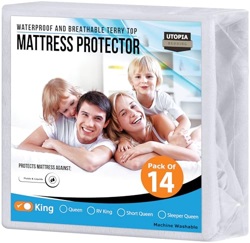 Utopia Bedding Waterproof Mattress Protector King Size (Pack of 14), Premium Terry Mattress Cover 200 GSM, Breathable, Fitted Style with Stretchable Pockets (White)