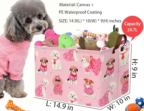 Image of Pink Dog Toy Basket Collapsible Puppy Bin Storage Organizer Large Pet Box With Handles (Girl Dog)