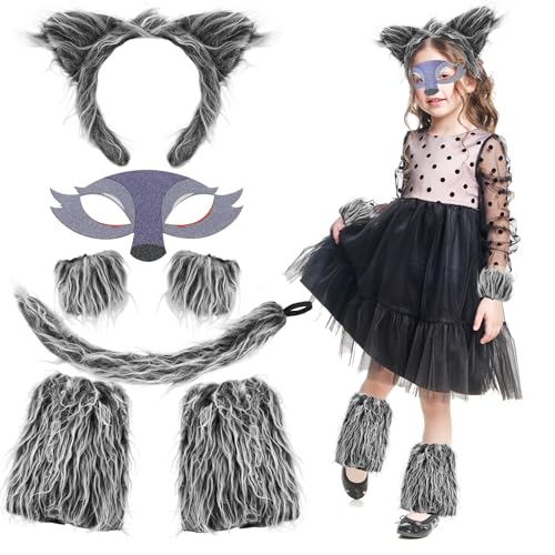 XEPST Conjunto de Disfraces de Lobo Animal, Orejas y Cola de Lobo con Diadema de Lobo Patas de Lobo Esponjosas Máscara de Lobo de Cola de Lobo para Disfraz de Animal Cosplay Cumpleaños Halloween