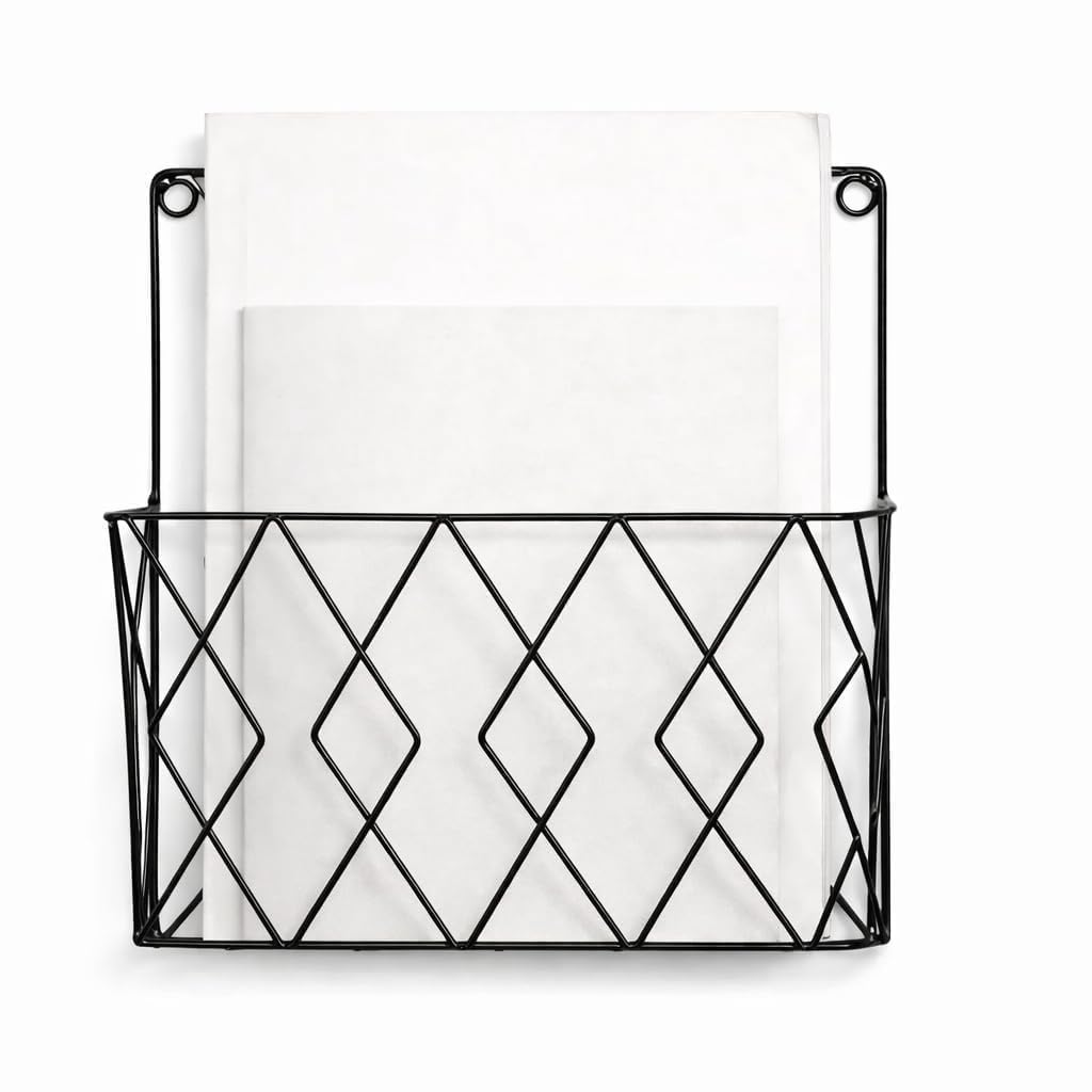 Wall Mounted Metal Magazine Holder | Decorative Black Wire Mail Organizer Basket | Rustic Hanging File Rack for Letters, Documents, Newspapers, Books & Office Supplies (Black)-picture-14