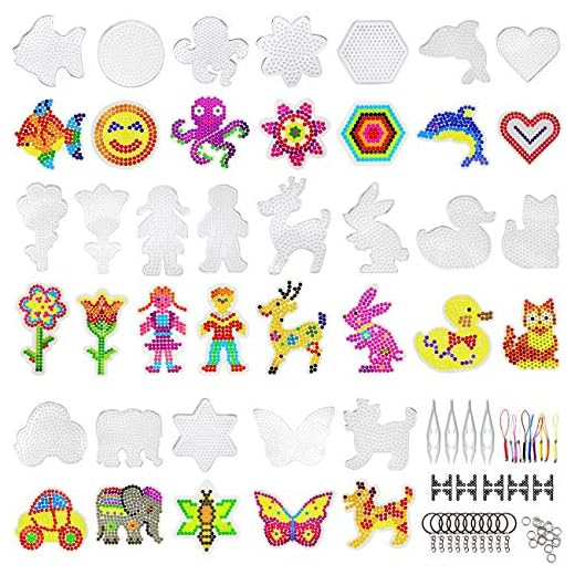 20 peças de 5 mm Pranchas de Fusível de Plástico Transparente com 20 Cartões Coloridos, 4 Pinças, 10 Cordas Penduradas, 10 Chaveiros, 20 Aros Pequenos e 10 Suportes para Crianças Peças de Artesanato DIY