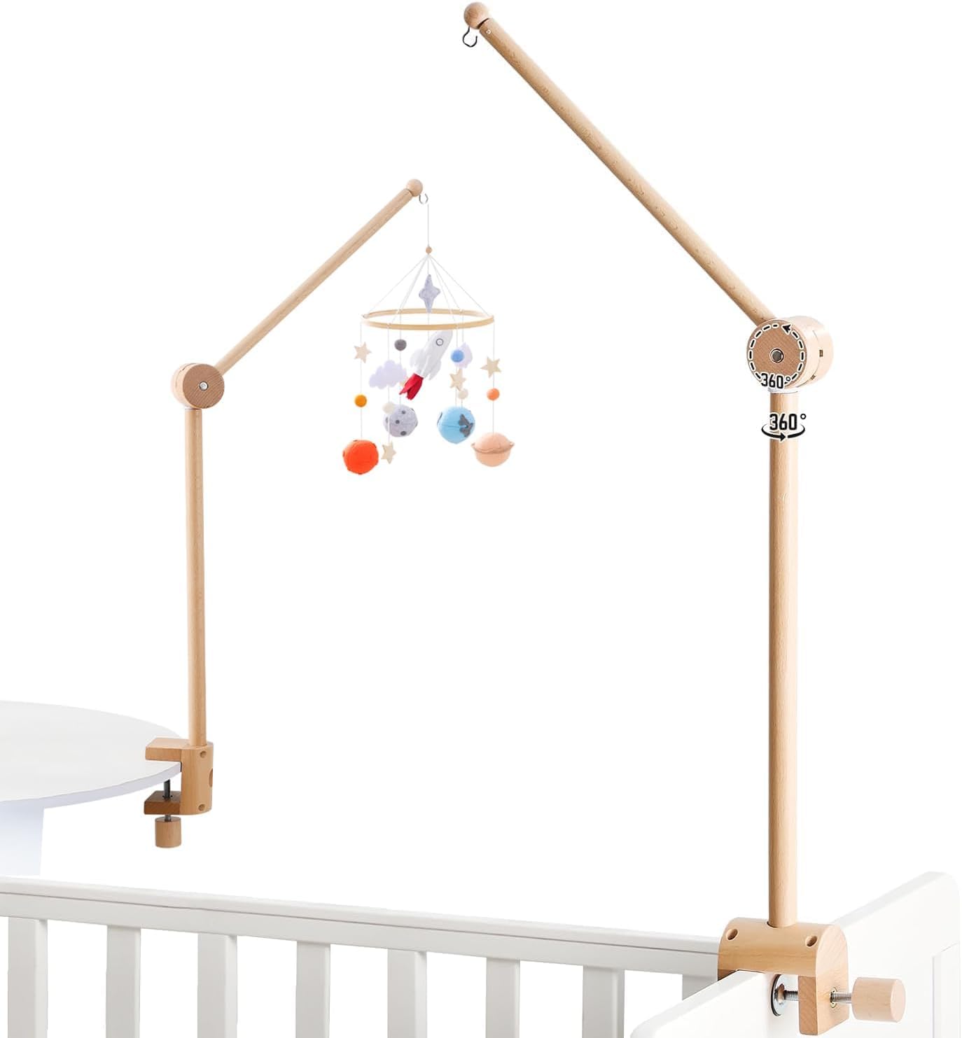 let's make Mobile Verbesserte Version Halterung Holz für Babybet, Höhenverstellbarer & 360° Drehbarer Mobile Arm mit Erweiterter, Mobile Halterung für Babybett Zubehör, Kinderzimmer Deko